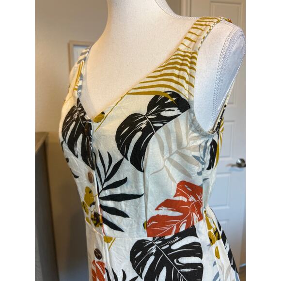 Monteau | Cream Linen Blend Floral A Line V Neck Button Front Dress | XS - Picture 8 of 14